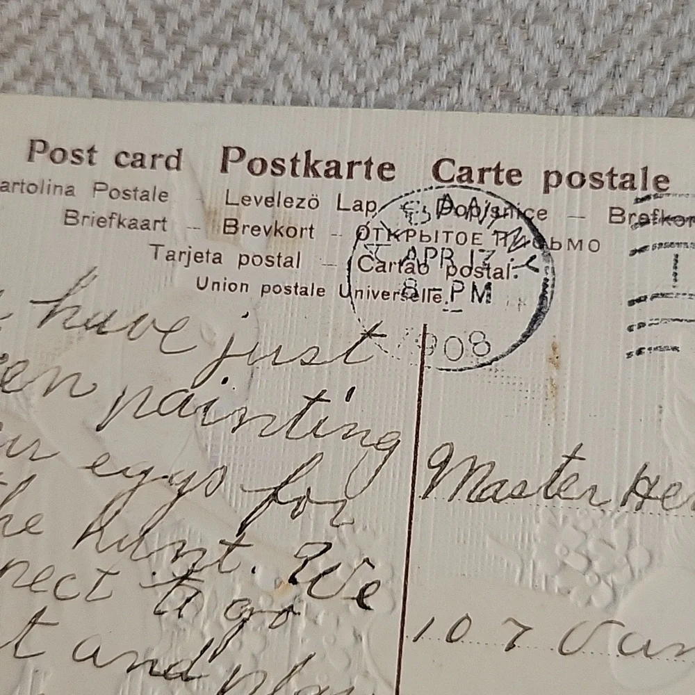 1908 GERMAN Easter Greeting Embossed Post Card with Bizarre Rabbit and Chickens